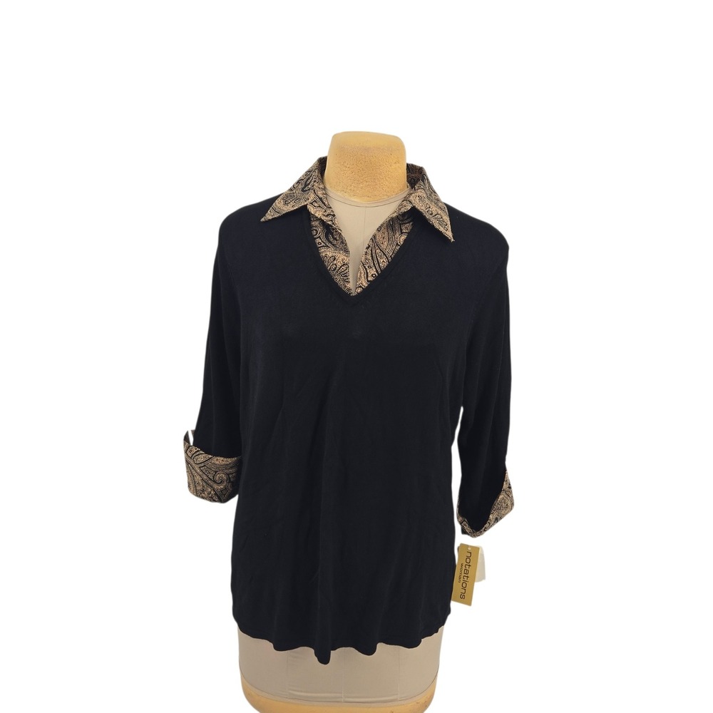 Notations Woman Sweater Women 1X Black Paisley Trim V-Neck Career Office Casual